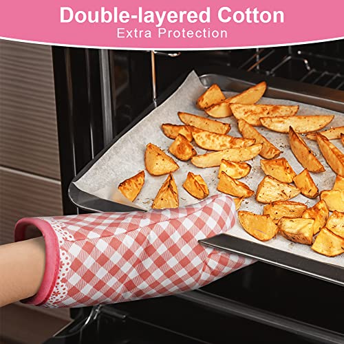 AUAUY Pink Oven Mitts, Kitchen Mittens, 392F Heat Resistant Non-Slip Gloves for Cooking, Baking, BBQ, Grilling - Cotton Infill, 1 Pair - color: Light Pink
