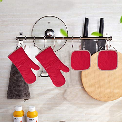 4Pcs Oven Mitts and Pot Holders Set, 572F Heat Resistant Oven Glove, Soft Cotton Lining with Non-Slip Surface for Kitchen Baking BBQ (Red) - color: Red