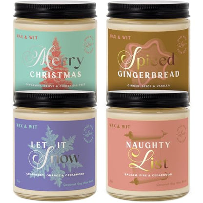 Wax & Wit Christmas Candles Gift Set Scented, Winter Holiday Set of 4 Pack Candle - Natural Coconut Soy Candles, 180+ Hr Burn, Vegan, Clean Burning - Candle Set Gifts for Women, Coworker, Friends - color: 4pc Christmas Set