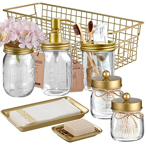 SheeChung 8PCS Mason Jar Bathroom Accessories Set Complete - Gold | Includes Soap Dispenser, Toothbrush Holder, 2pcs Qtip Holders, Flower Vase, Soap Holder, Vanity Tray, Toilet Paper Storage - color: Gold