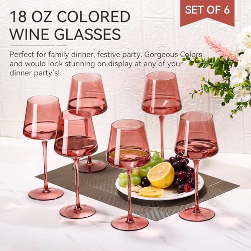 Rose Wine Glasses Set of 6,18oz Rose Wine Glassware Gift Set for Wife & Mom-Colorful Hand Blown Glass Drinkware for Red White Wine - color: Rose
