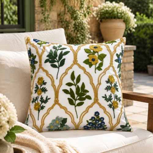 YIcabinet Pillow Covers Set of 2, Embroidered Leaf Flower Pattern Throw Pillow Cover,Square Cotton Cushion,Pillow Case for Sofa Bedroom Couch,18"x18" - color: Green05