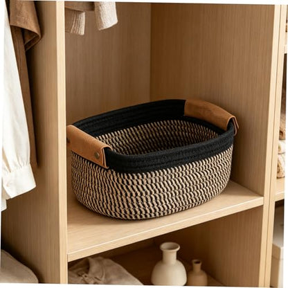 ULTECHNOVO Woven Cotton Rope Storage Basket Set Small Nesting Organizer Bins with Pu Handles 5pcs for and Craft Supplies for Nursery, Bedroom, Bathroom Shelf