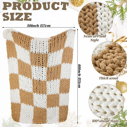 Tudomro Checkered Chunky Knit Throw Blanket for Couch 50 x 60 Inches Neutral Decor 100% Hand Knitted Cozy Soft Large Rope Knot Crochet Blankets for Sofa Living Room(Ivory and Brown)