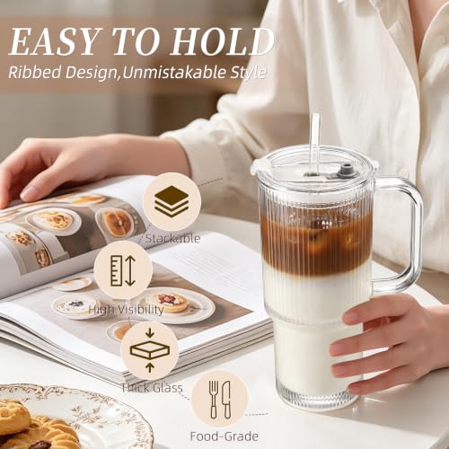 Iced Coffee Cups with Lids 2Pcs: Ribbed Glass Tumbler with Straw and Lid 24oz - Coffee Bar Accessories - Glass Cups and Tumblers with Lids and Straws - Tumbler Leak Proof - Coffee Tumbler with Handle - color: Handled