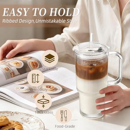 Iced Coffee Cups with Lids 2Pcs: Ribbed Glass Tumbler with Straw and Lid 24oz - Coffee Bar Accessories - Glass Cups and Tumblers with Lids and Straws - Tumbler Leak Proof - Coffee Tumbler with Handle - color: Handled