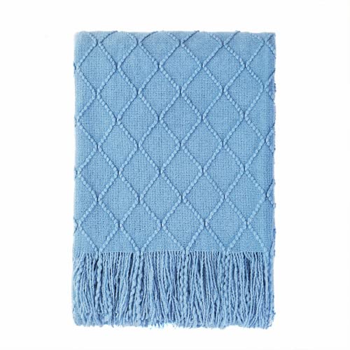 BOURINA Blue Throw Blanket 60x80 Inch Boho Knitted Soft Throw Sofa Blanket | Knitted Throw Blanket 60x80 Inches, Soft Lightweight Boho Weave Throw Decorative Couch Blanket for Living Room Bedroom Chair - color: Blue, size: 60"x80"