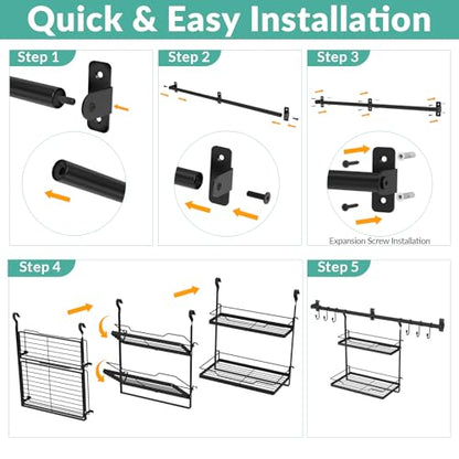 NADAMOO Spice Rack Wall Mount, 2-Tier Storage Shelf with Utensil Hanger | Adjustable Shelf & Hooks, Holds 40 lbs, Black Metal Vertical Storage Organizer Fits Kitchen Bathroom Laundry Coffee Bar