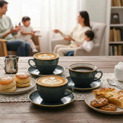 SHUER Ceramic Cappuccino Cup Set of 4, 7.8 OZ Cups and Saucers Set,Coffee Mocha Cup Sets,Black Coffee Cups and Glaze Americano Mugs Great for Party and Low Tea Time (Blue 220ml) - size: Small(220ml)