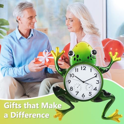 Large Outdoor Clock with Thermometer & Humidity | Silent Non-Ticking, Frog Outdoor Wall Clock, Outside Clock for Patio, Living Room, Kitchen - style: Large-Green Frog