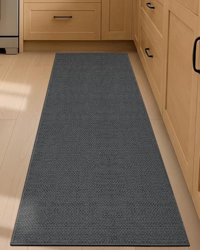 Color&Geometry Thin Kitchen Rug 17x59 Non Slip Rubber Backing,Grey | 0.15in Low Pile Kitchen Mat Fit Under Door, Dirt Resistant, Absorbent, Washble Woven Mat For Small Kitchen/Apartment - color: Dark Tone-grey, size: 17"X59"