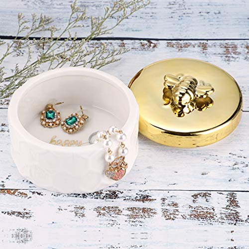 Hipiwe Ceramics Jewelry Box with Golden Bee Lid - Small Jewelry Display Organizer Holder Trinket Storage Tank Container for Home Decor,Gift for Women