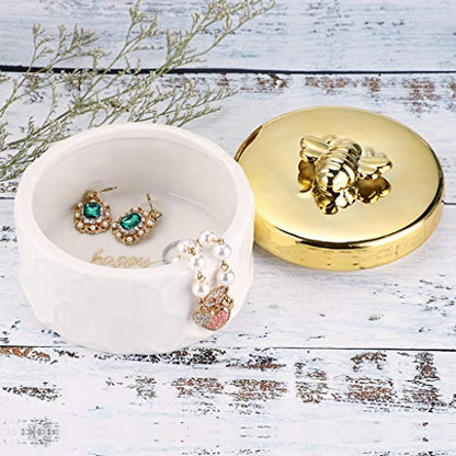 Hipiwe Ceramics Jewelry Box with Golden Bee Lid - Small Jewelry Display Organizer Holder Trinket Storage Tank Container for Home Decor,Gift for Women