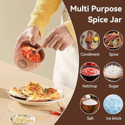 Wooden Salt Box with Lid & Spoon, Seasoning Pot Sugar Bowl Wood Salt & Spice Jar Box Salt Keeper, Pepper, Tea Container for Kitchen Countertop Restaurant