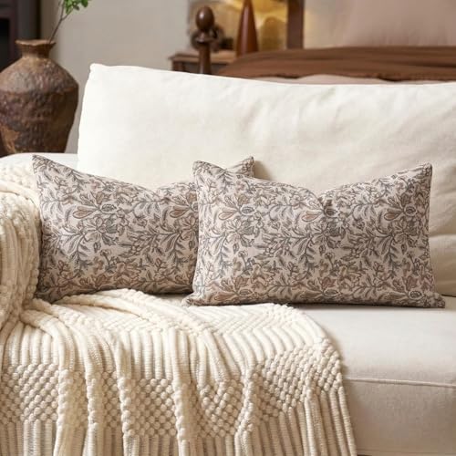 Amor Virisso Floral Throw Pillow Covers 12 x 20 Set of 2 Vintage Block Print Pillow Covers Decorative Pillow Covers Couch Pillows for Living Room Farmhouse Accent Sofa Pillows, Green/Sand - color: Green/Sand, size: 20" x 12" (Pack of 2)