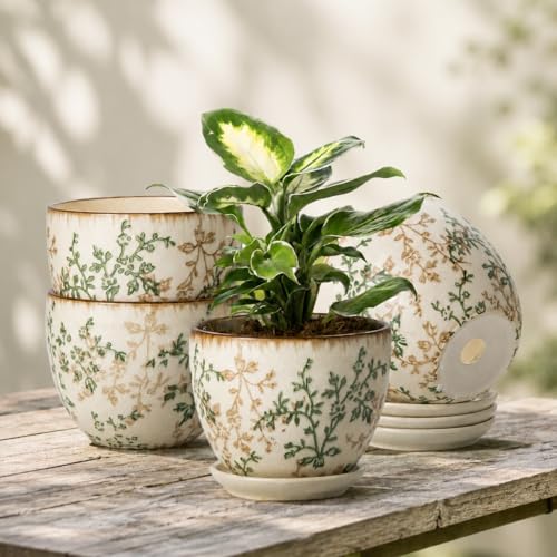Retro Ceramic Garden Pots, 5.8 Inch Plant Pots with Drainage and Attached Saucer Set of 4, Chinoiserie Floral Large Flower Pots for Home Decor, Plant Lover Gifts, White Green - size: 5.8 inch, set of 4