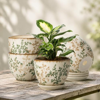 Retro Ceramic Garden Pots, 5.8 Inch Plant Pots with Drainage and Attached Saucer Set of 4, Chinoiserie Floral Large Flower Pots for Home Decor, Plant Lover Gifts, White Green - size: 5.8 inch, set of 4