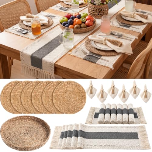 6 Sets Grey Kitchen Decor,Table Setting Decor with Round Woven,Rectangular Boho,Wooden Bead Napkin Rings,Cloth Napkins,Table Runner & Storage Basket,Natural Burlap Cotton for Kitchen Dining Table Home - color: Gray