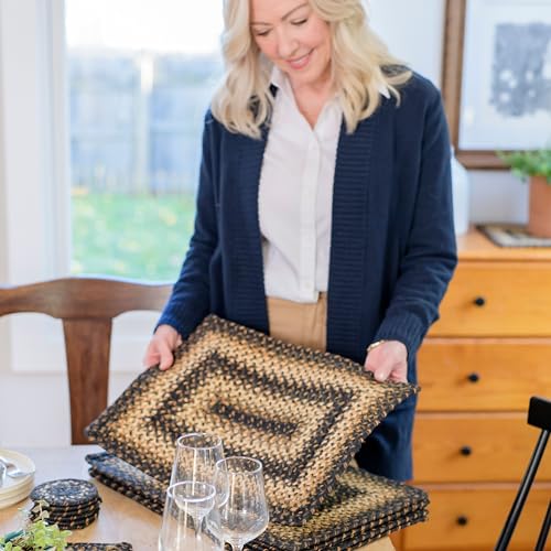 Homespice Kilimanjaro Jute Braided Placemats, Rect 13x19 Set of 6 | Black and Tan Everyday and Holiday Table Mats, Rich Colors, Reversible, Durable and Easy to Clean - color: Kilimanjaro