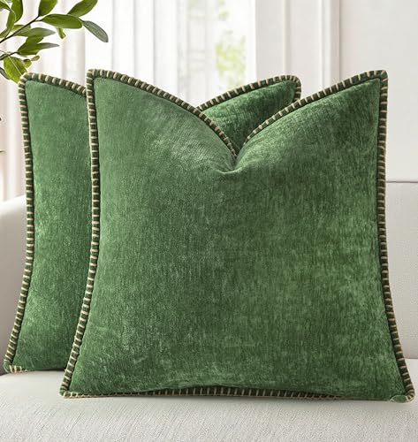 decorUhome Chenille Soft Throw Pillow Covers 20X20 Set of 2, Forest Green,Boucle Plaid Check Faux Fur Throw Pillow Covers 20x20 Inch Set of 2, Autumnal