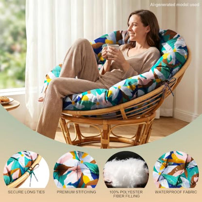 ARTPLAN Round Papasan Chair Cushion Tufted Swing Seat Pad with Ties,Floral | 47"x47"x4"tufted round chair cushion, polyester cover&fluffy fiber fill, fixed ties fit papasan, swing&wicker indoor chairs - color: White Pink Flower
