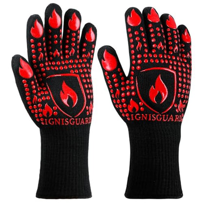 IGNISGUARD® BBQ Gloves, Heat Resistant Grill Gloves, 1 Pair, Red (L) | EN407:2020 tested with textured silicone grip, three-layer construction and long knit cuff for added wrist coverage. - color: Red, size: Large
