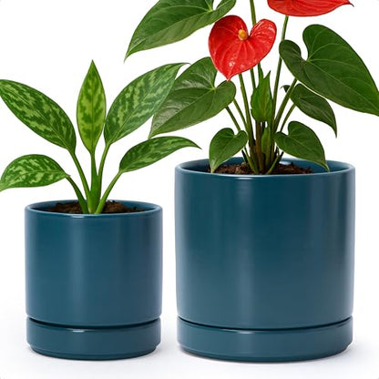 D'vine Dev 4.7 Inch & 6.5 Inch Ceramic Planter Pots for Plants with Drainage Hole and Saucer, Small Plant Pots Set, Teal, 94-G-S-9 - color: Teal, size: Small