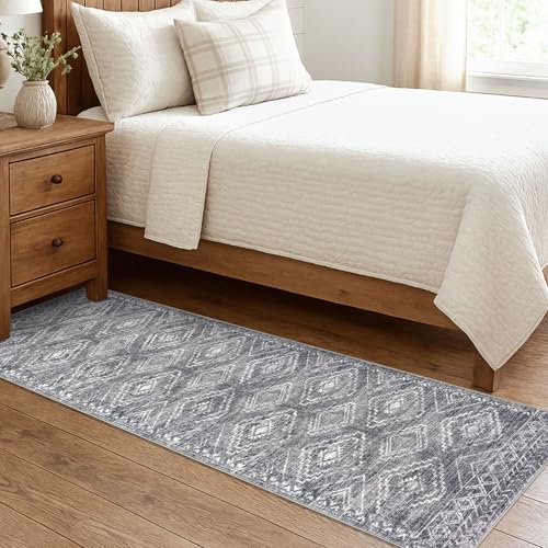 KILOCOCO Washable Runner Rug 2x7 ft Non-Slip Hallway Runners, Grey | Low-Pile Entryway Runners, Rubber Backed Runner Rug, Printed Kitchen Runner Rug, Soft Geometric Rugs for Hall Living Room - color: Grey, size: 2' x 7' (Runner)