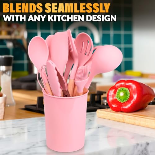 12 Pcs Pink Cooking Utensils Set with Holder for Nonstick Cookware | Silicone Kitchen Utensils Set for BBQ; Heat-Resistant Tools with Wooden Handles for Baking, Serving, Frying, and Mixing - color: Pink