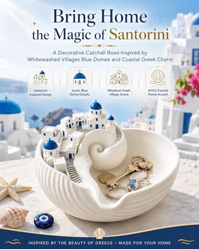 Santorini Catchall Bowl Seashell Key Tray Jewelry Dish Greek Island Decor Blue Dome Miniature Village Trinket Holder Coastal Entryway Table Decor 3D Printed PLA Material (1Pcs)