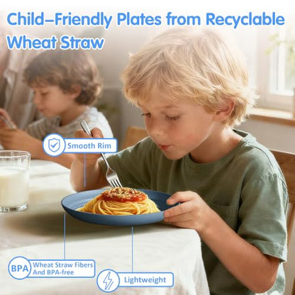 Quatish 16 PCS Unbreakable Reusable Plastic Plates,8 inch Dishwasher & Microwave Safe Dinner Plate, Easy-to-Clean Lightweight,Portable for Kitchen & Picnics Wheat Straw Plates（Blue） - color: Blue