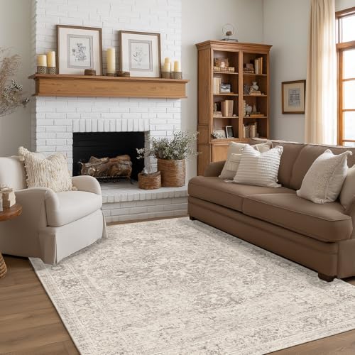 FMFUNCTEX 5x8 Washable Beige Neutral Oriental Large Living Room Area Rug | Cream Distressed Vintage Farmhouse Non Slip Low Pile Soft Thin Indoor Carpet Throw Rug Mat Bedroom Dining Room Office Nursery - color: Beige, size: 5' x 8' (Rectangular)