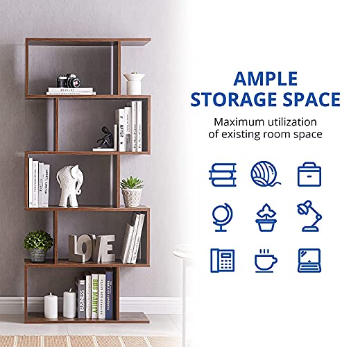 Set of 2 Geometric Bookcase, S-Shaped Modern Bookshelf, Room Divider Bookshelf, 62" Tall Unique Abstract Bookcase with 5-Tier Display Shelf for Living Room Office, Rustic Brown - color: Rustic Brown