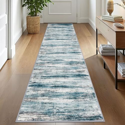 KOZYFLY Modern Abstract Kitchen Runner Rug, 2x10 Washable Rug Runner Non-Slip Soft Striped Hallway Runner Rugs, Light Blue Print Carpet Runner for Entryway Bathroom Laundry Room Foyer - color: Blue, size: 2' x 10' (Runner)