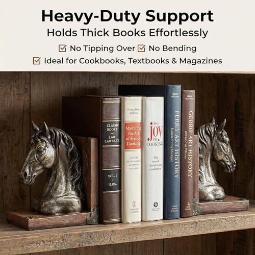 Heavy Duty Horse Bookends, 2.91lbs Resin Elegant Decorative Book Ends with Non-Slip Pads, Classic Animal Bookends for Bookshelf Office Desk Decor, Meaningful Home Décor Gift (Pair, 7.5") | Heavy Duty Weighted Design with Non-Slip Pads, Classic Animal Deco
