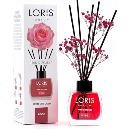 Loris Rose Reed Diffuser Set with Dried Flowers | Reed Diffusers for Home with Sticks | Bathroom Diffuser & Room Scent | Long-Lasting Home Fragrance | 120 mL / 4.06 fl oz - color: Rose