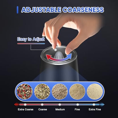 RECHARGEABLE - Gravity Electric Pepper and Salt Grinder Set, Adjustable Coarseness, With LED Light, One Hand Automatic Operation, 2 Pack-Black