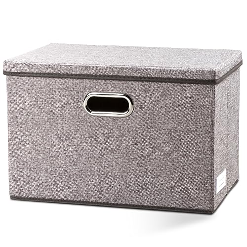 Large Foldable Storage Bin with Lid [1-Pack] Linen Fabric Decorative Storage Box Organizer Containers Basket Cube with Handles Divider for Bedroom Closet Office Living Room (17.7x11.8x11.8) - color: Gray, size: L(1-Pack)