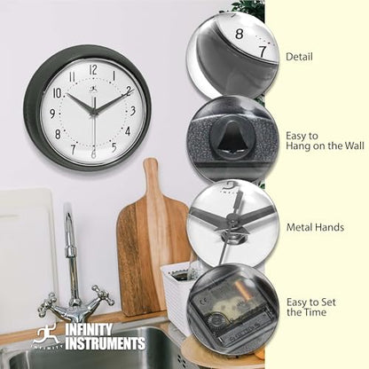 Infinity Instruments LTD. Retro Round Aluminum Wall Clock, Oyster Grey, 9.5" - color: Oyster Grey, size: 9.5 Inch