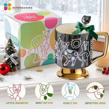 Christmas Mugs Whimsical Animal Ceramic fun Coffee Mug – 14oz Childlike Hand-Drawn Cat, Dog & Bear Design – Cute gothic Coffee Cup Gift for Women, Girls, Kids (Black) - color: Black
