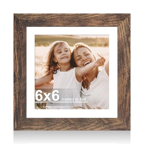 Hongkee 6x6 Picture Frame with Real Glass Wood Frame, 1 Pack (with Mat 4x4) | Rustic Brown, Display 6 x 6 No Mat for Wall and Tabletop for Photos, Artwork; Fits Home, Office & Gallery Wall Decor - color: Rustic Brown, size: 6X6 in