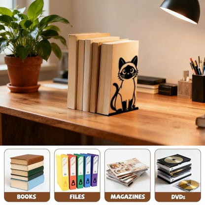 5.3"x4.3"x7.9" Metal Bookends, Heavy Duty Book Ends for Shelves | Siamese Cat Theme Cast Iron Book Supports, 1 Pair Decor Stoppers for Desk, Library, Office & Home Shelves - style: Siamese Cat