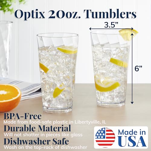 US Acrylic Optix Plastic Reusable Drinking Glasses (Set of 8) 20oz Water Cups in Clear | BPA-Free Tumblers, Made in USA | Top-Rack Dishwasher Safe - size: 20 Ounces