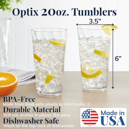 US Acrylic Optix Plastic Reusable Drinking Glasses (Set of 8) 20oz Water Cups in Clear | BPA-Free Tumblers, Made in USA | Top-Rack Dishwasher Safe - size: 20 Ounces