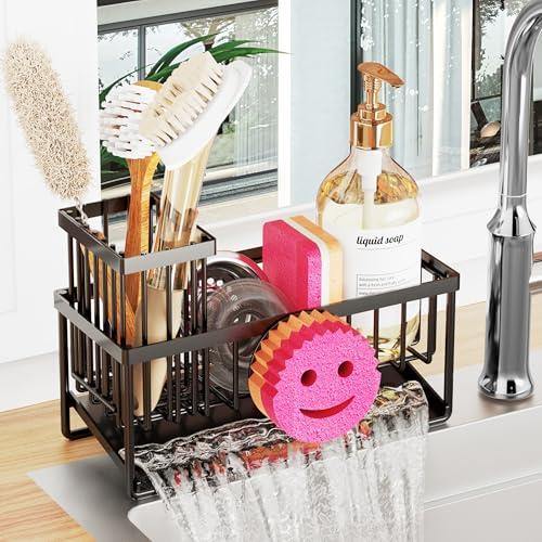 Sponge Holder for Kitchen Sink,Smiley Face Sink Caddy with Removable Brush Holder,Self-Draining Sponge Caddy for Sponge,Soap,Dish Brush,Scrubber,Kitchen Essentials and Gadgets - color: 1 Tier Black
