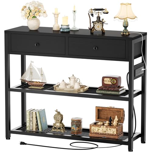 Ecoprsio Entryway Table with Outlets and USB Ports, Console Table with 2 Drawers, Small Sofa Table with Storage Shelves for Living Room, Couch, Hallway, Foyer, Kitchen Counter, 32'', Black - color: Black, size: 32-In