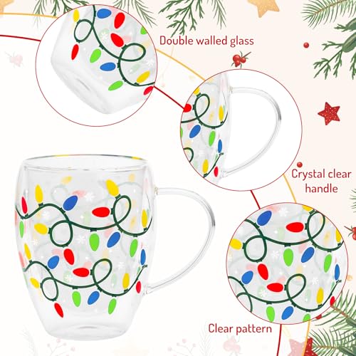 JarThenaAMCS Christmas Double Wall Glass Coffee Mugs 12Oz Colorful Xmas Light Bulb Insulated Glasses Clear Espresso Cups with Handle for Winter Holiday Supplies, Set of 2 - style: Colorful Xmas Light Bulb