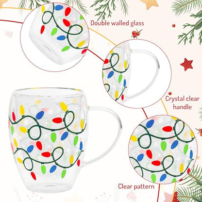 JarThenaAMCS Christmas Double Wall Glass Coffee Mugs 12Oz Colorful Xmas Light Bulb Insulated Glasses Clear Espresso Cups with Handle for Winter Holiday Supplies, Set of 2 - style: Colorful Xmas Light Bulb