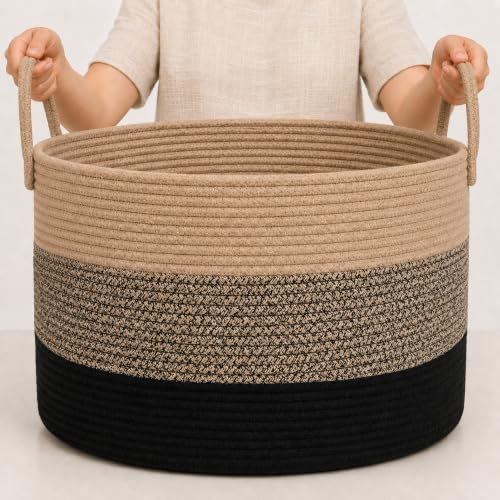 OrganiHaus Round Toy Basket & Blanket Basket, Cotton Rope 20x13" | 3-Toned Brown - Round Cotton Rope Basket, 20x13" - color: 3-toned Brown, size: Wide