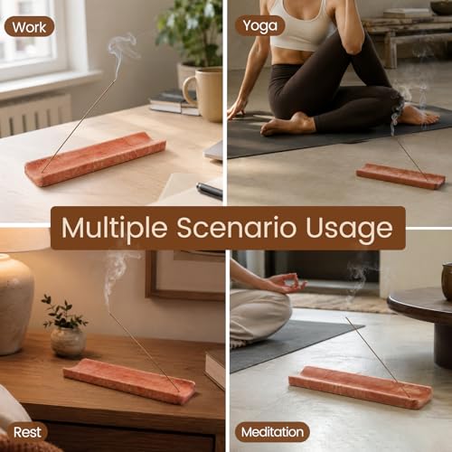 Natural Travertine Incense Holder, Incense Holder for Sticks with 9 Holes, Handmade Incense Burner Ash Catcher for Meditation Yoga SPA, Balsam Fir/Palo Santo/Sage/Cone Incense Holder(Red) - color: Red Travertine